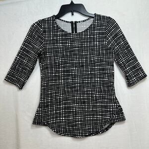 Bar III Women's XS Graphic Check Printed 3/4 Sleeve‎ Top Blouse Formal Zip Back